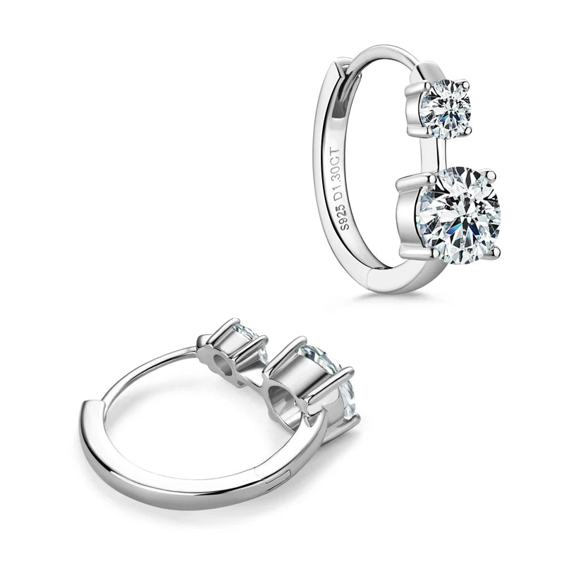 Graduated Two-Stone Moissanite Hoop Earrings in Sterling Silver — Silver hinged posts