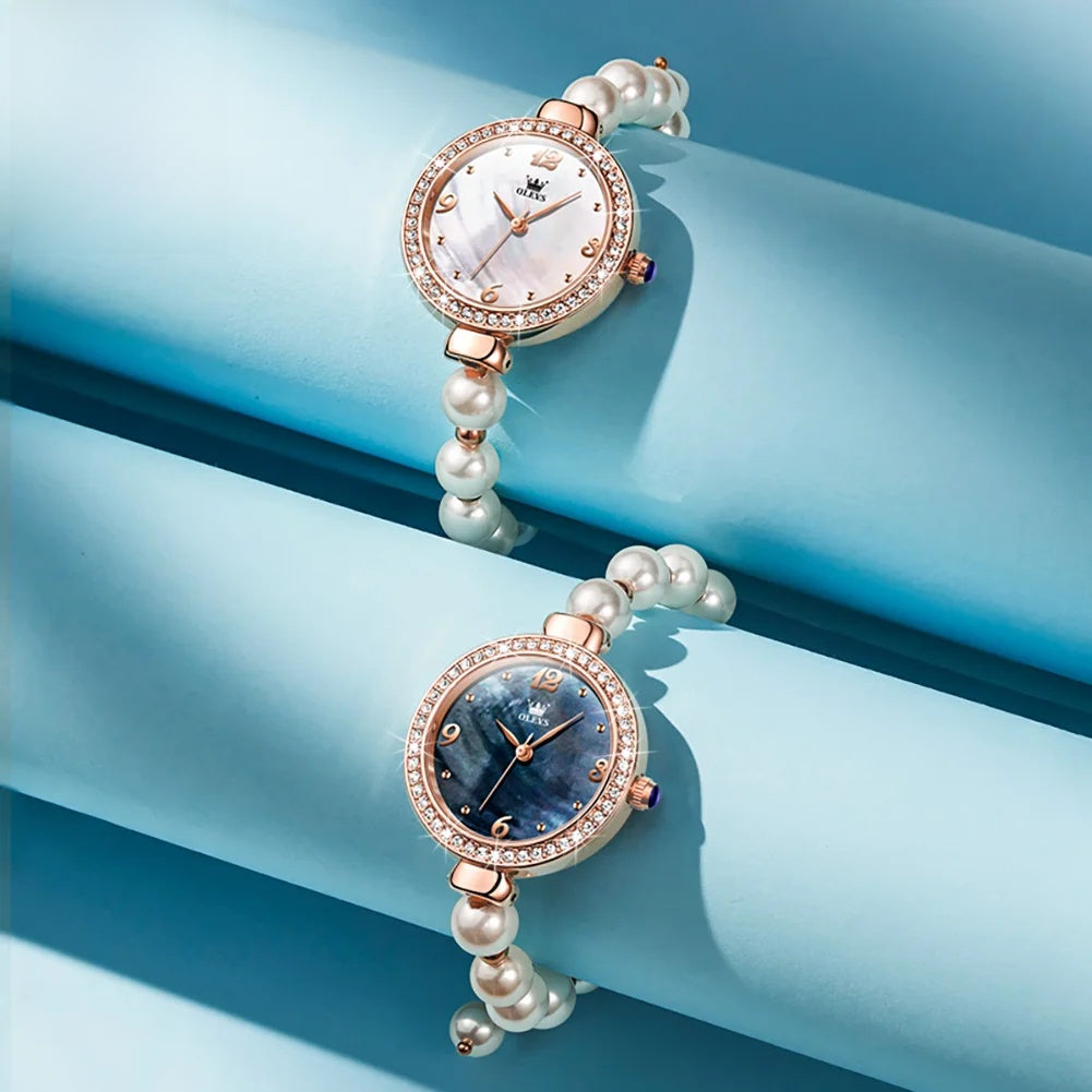 Women's Faux Pearl Bracelet Quartz Watch — Two pearl bracelet watches displayed — BandsCo Straps