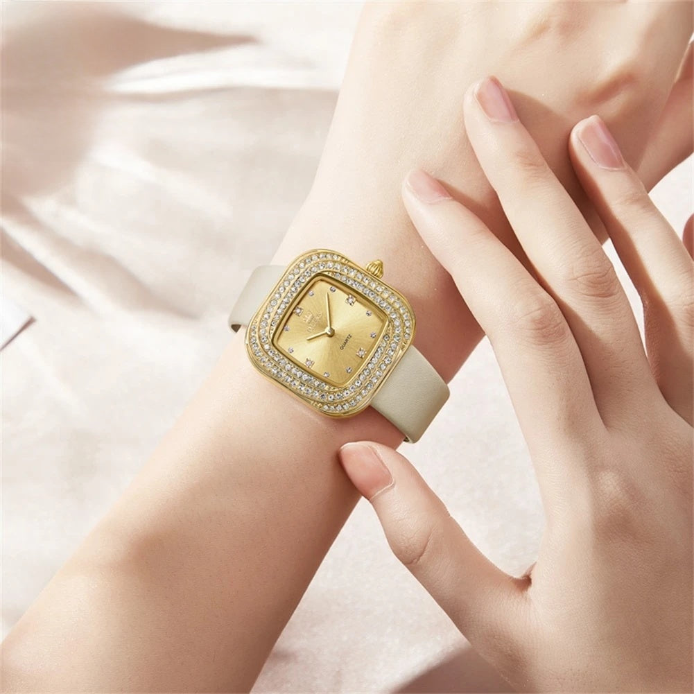 Women's Square Crystal Bezel Leather Watch — Gold-tone square watch worn on wrist — BandsCo Straps