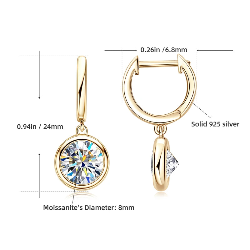 Bezel Moissanite Hoop Drop Earrings in 925 Sterling Silver — 8 mm stone size guide