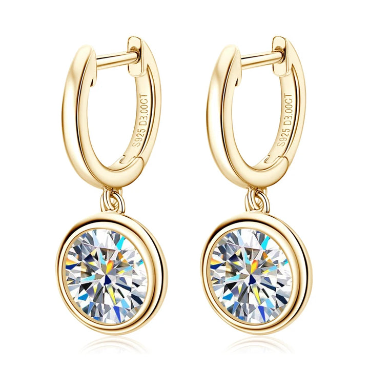 Bezel Moissanite Hoop Drop Earrings, 1 to 3 Carat Each