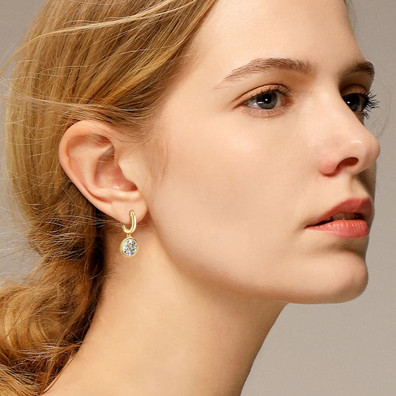 Bezel Moissanite Hoop Drop Earrings in 925 Sterling Silver — Worn styling