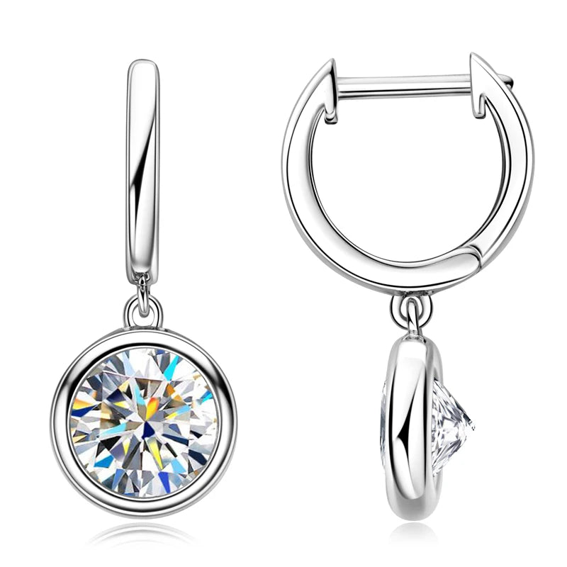 Bezel Moissanite Hoop Drop Earrings in 925 Sterling Silver — Silver-tone finish