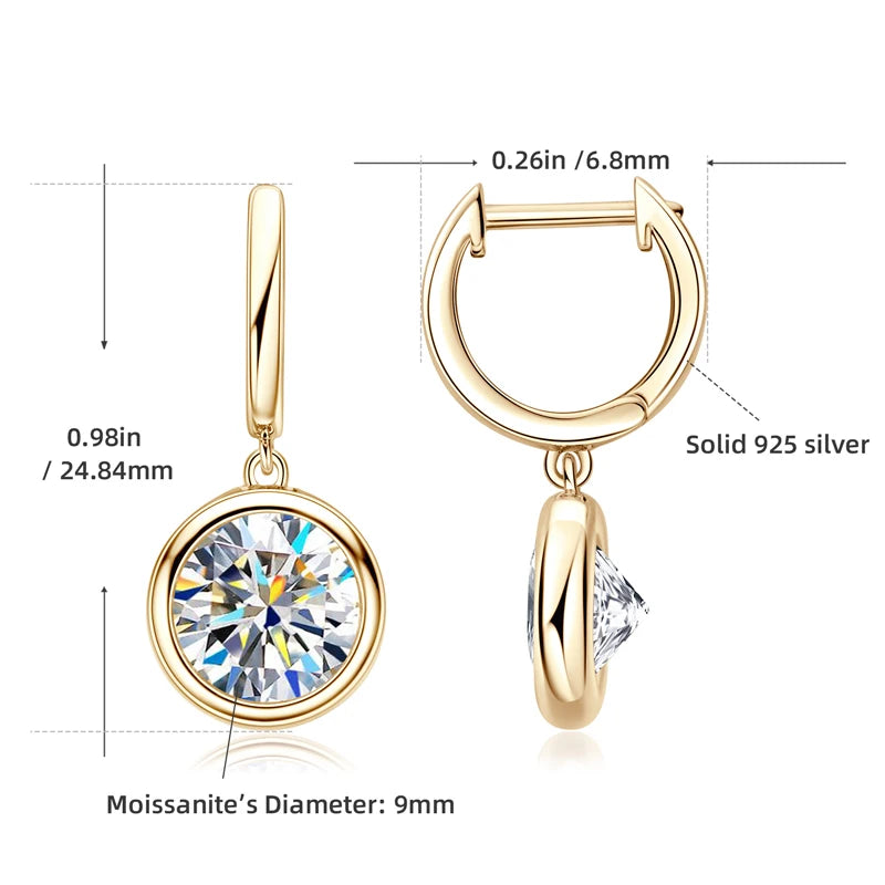 Bezel Moissanite Hoop Drop Earrings in 925 Sterling Silver — 9 mm stone size guide