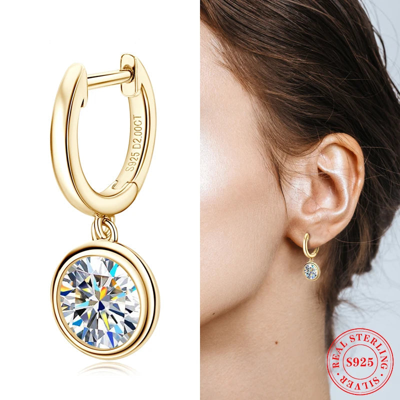 Bezel Moissanite Hoop Drop Earrings in 925 Sterling Silver — Shown on ear