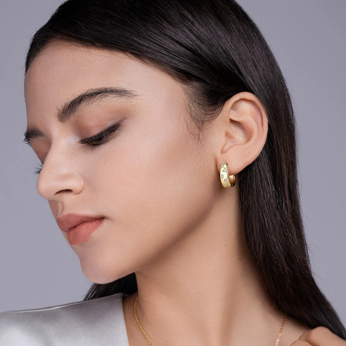 Gold-Plated Moissanite Celestial Hoop Earrings — Gold hoops worn on ear — BandsCo Straps