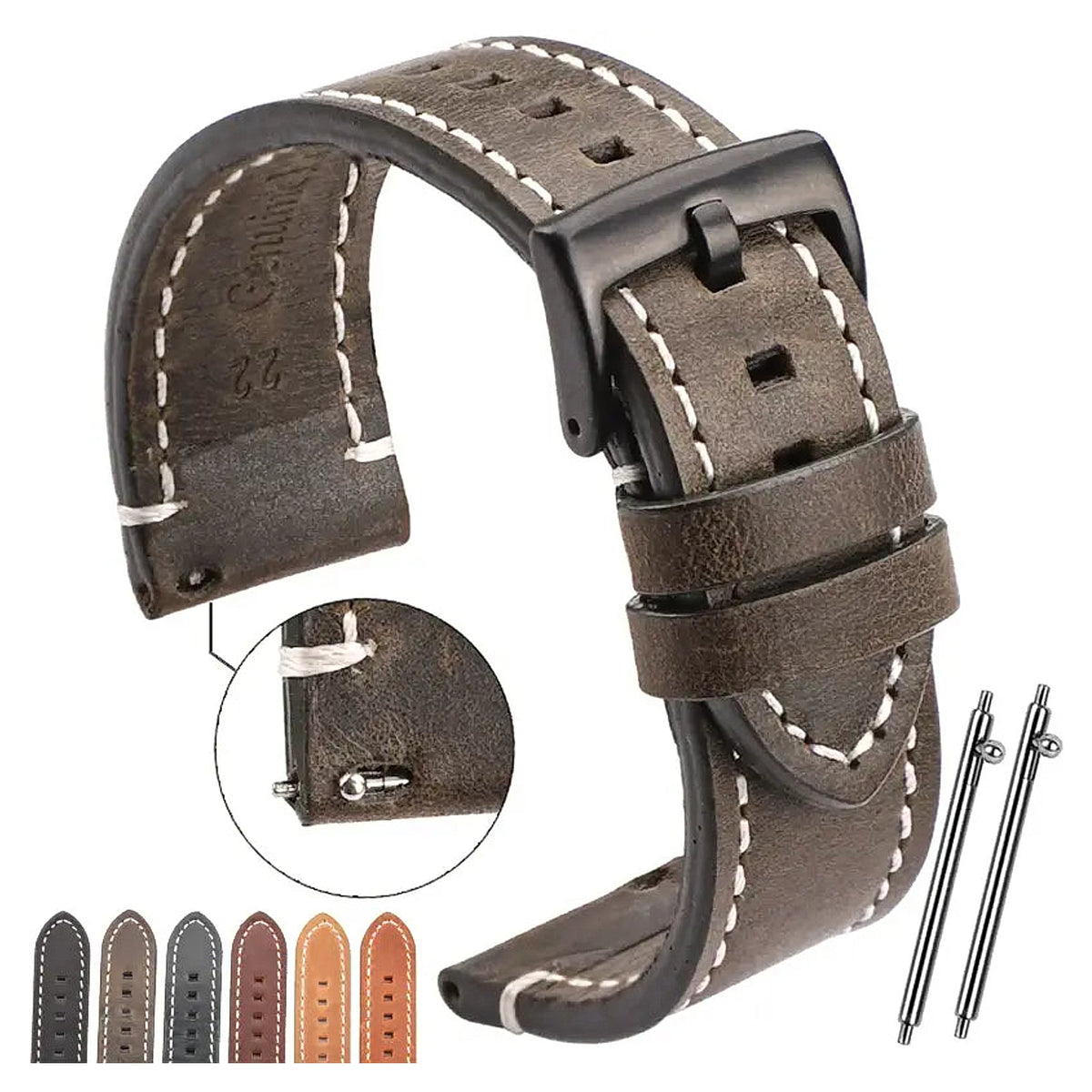 Suunto Contrast-Stitched Leather Buckle Band - Olive gray with color previews