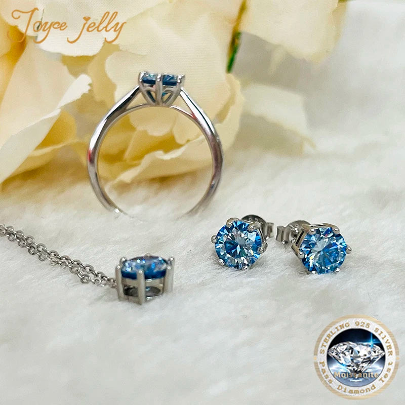 Colored Moissanite Necklace, Stud Earrings & Pavé Ring Set — Blue settings and backs