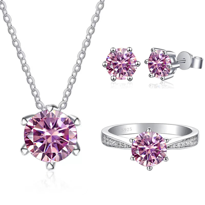 Colored Moissanite Necklace, Stud Earrings & Pavé Ring Set — Pink set
