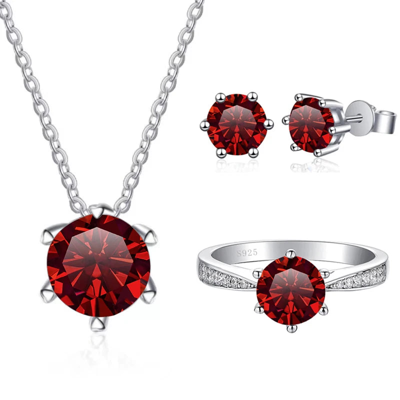 Colored Moissanite Necklace, Stud Earrings & Pavé Ring Set — Red set