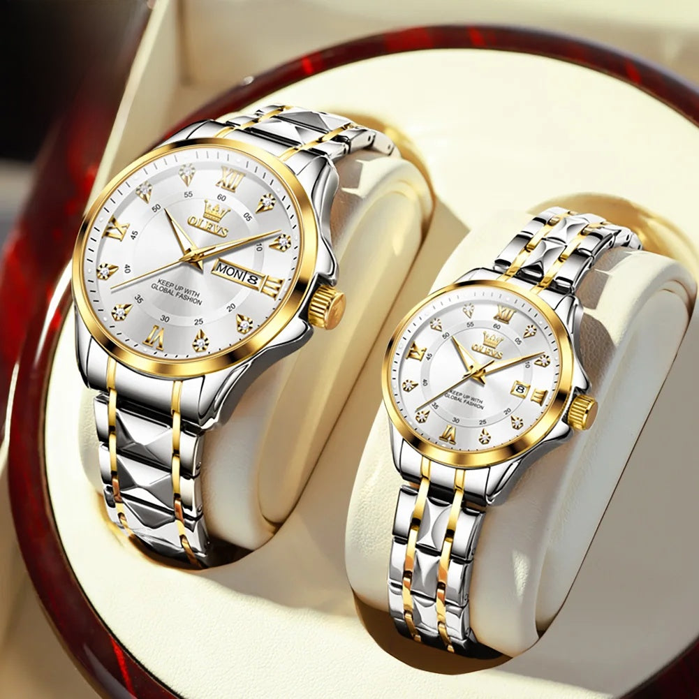 Stainless Steel Day-Date Watch - Women's, Men's & Couples — Couple Pair / Two Tone / White Dial — BandsCo Straps