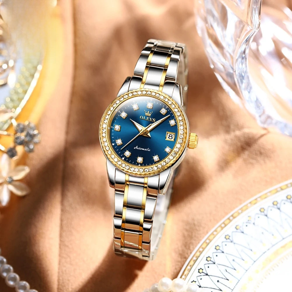 Women's Automatic Crystal Bezel Bracelet Watch — Two-tone blue dial watch — BandsCo Straps