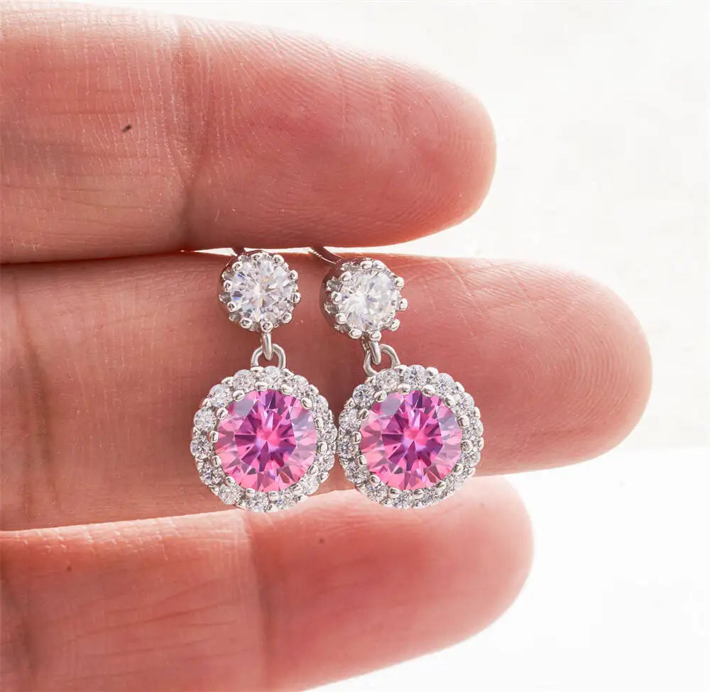 Moissanite Halo Drop Earrings in 925 Sterling Silver — Pink — BandsCo Straps