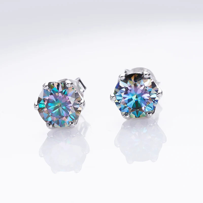 Round Moissanite Stud Earrings in Platinum-Plated Silver - Rainbow stone pair