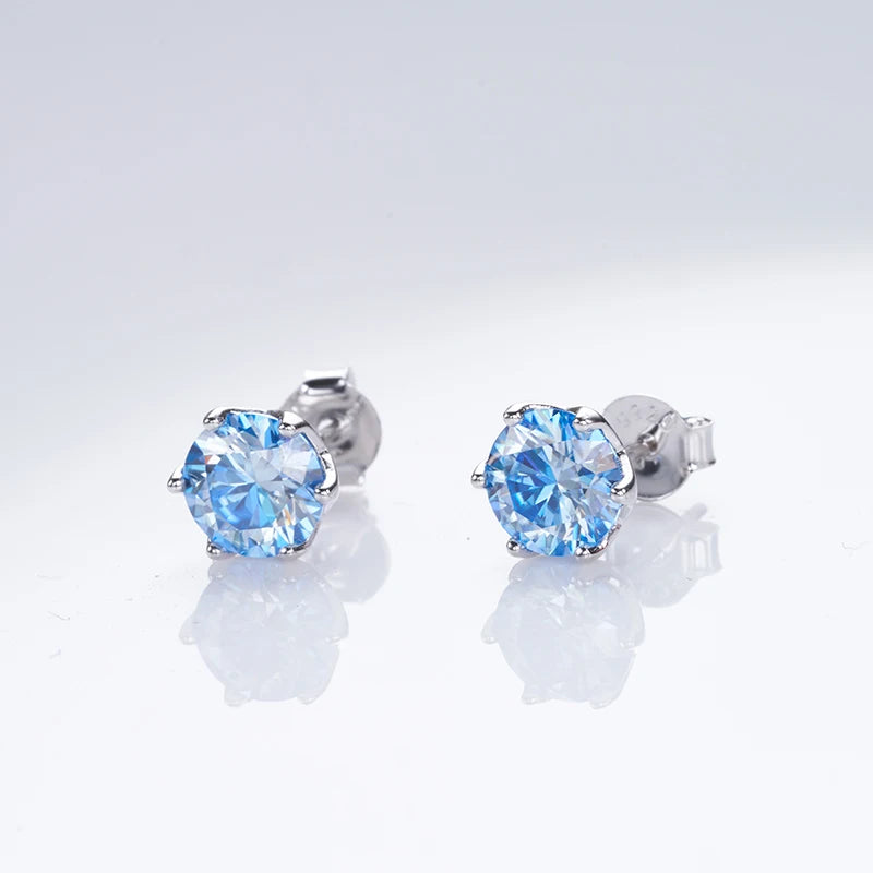 Round Moissanite Stud Earrings in Platinum-Plated Silver - Royal blue stone pair