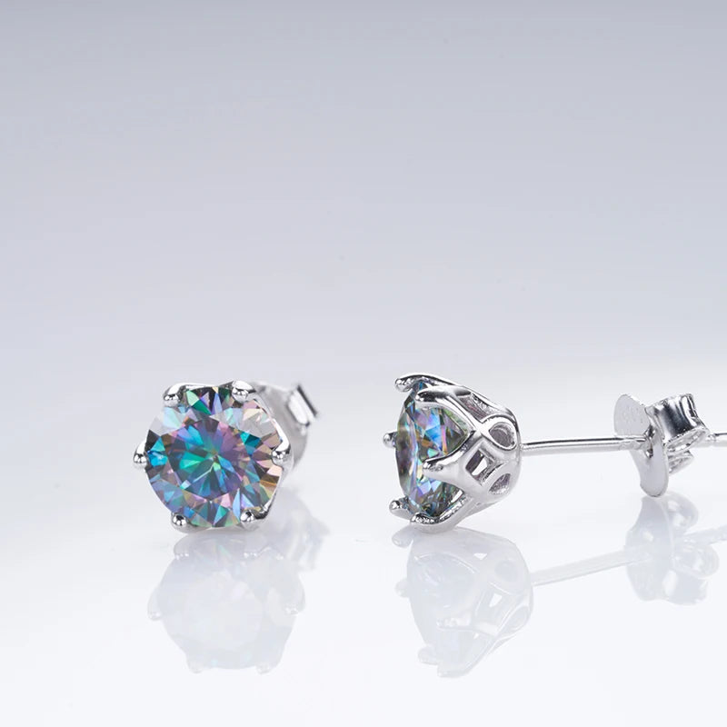 Round Moissanite Stud Earrings in Platinum-Plated Silver - Rainbow stones