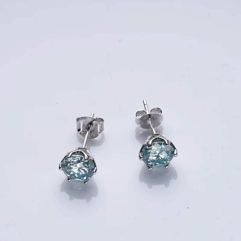 Round Moissanite Stud Earrings in Platinum-Plated Silver - Pale blue stone pair