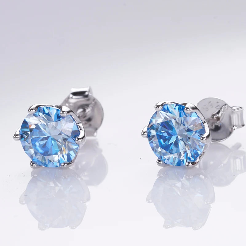 Round Moissanite Stud Earrings in Platinum-Plated Silver - Blue stones close-up