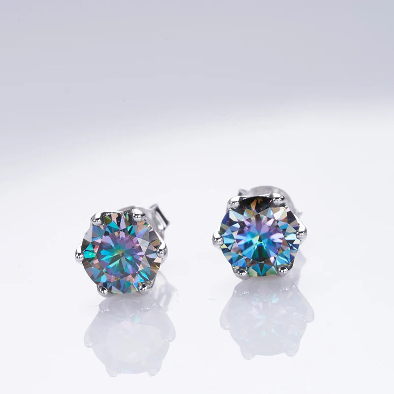 Round Moissanite Stud Earrings in Platinum-Plated Silver - Rainbow stud setting
