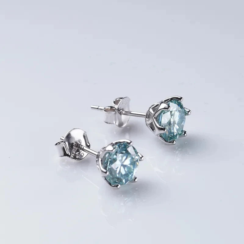 Round Moissanite Stud Earrings in Platinum-Plated Silver - Blue stone pair