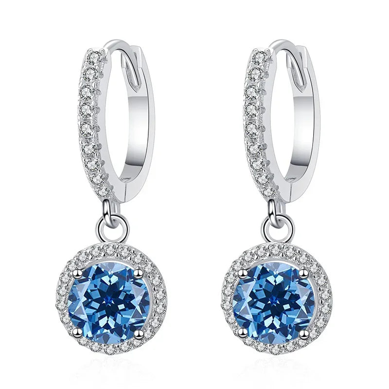 Colored Halo Moissanite Hoop Drop Earrings in Silver — Royal blue