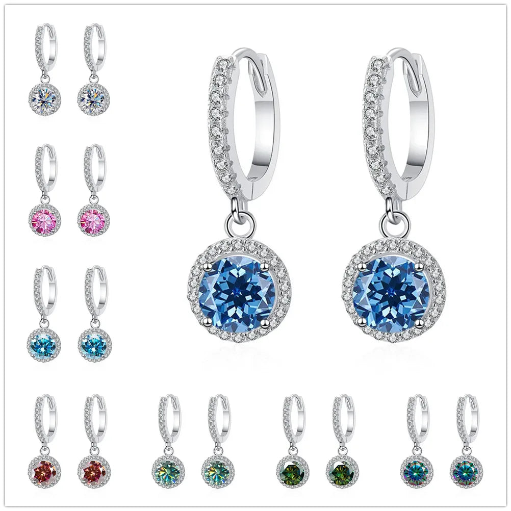 Colored Halo Moissanite Hoop Drop Earrings in Silver — Halo hoop drops with color previews