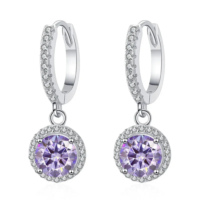 Colored Halo Moissanite Hoop Drop Earrings in Silver — Light purple
