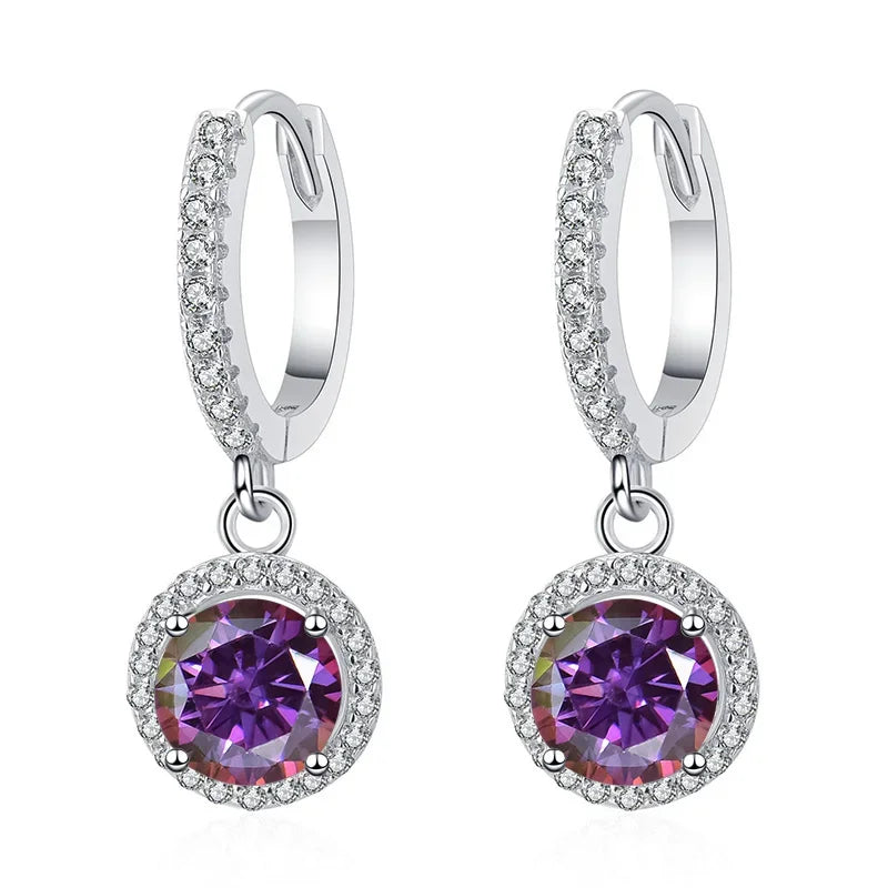Colored Halo Moissanite Hoop Drop Earrings in Silver — Purplish red