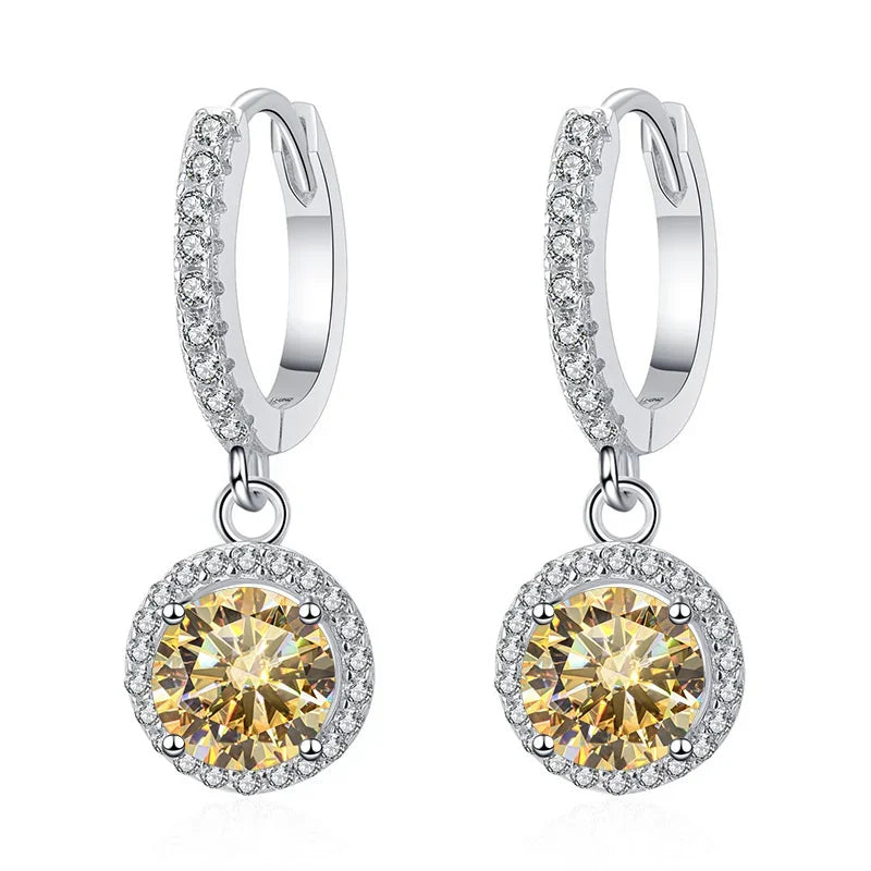 Colored Halo Moissanite Hoop Drop Earrings in Silver — Champagne