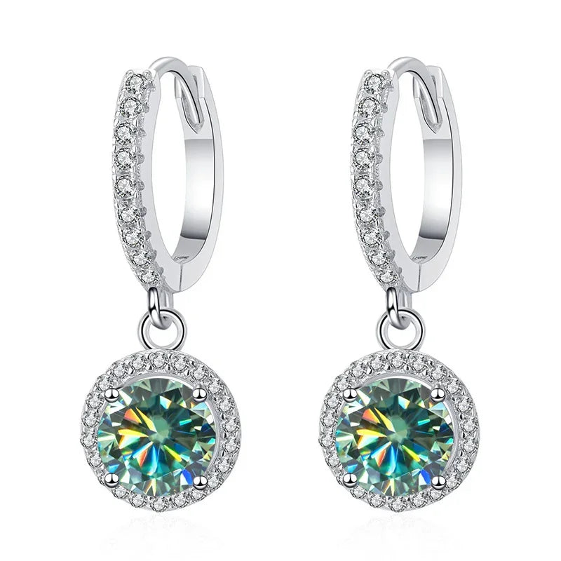 Colored Halo Moissanite Hoop Drop Earrings in Silver — Blue green