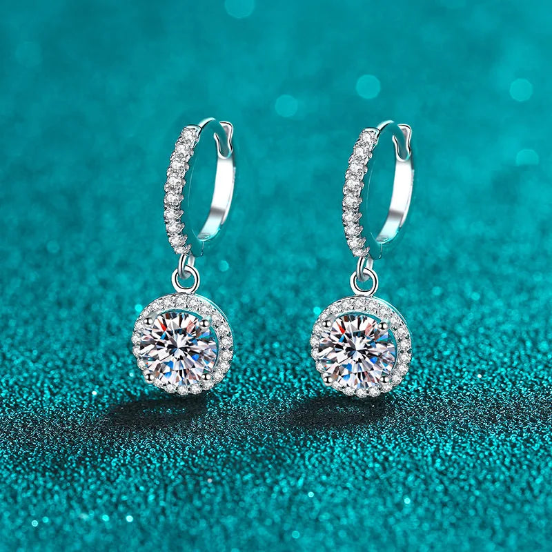 Colored Halo Moissanite Hoop Drop Earrings in Silver — White drop pair