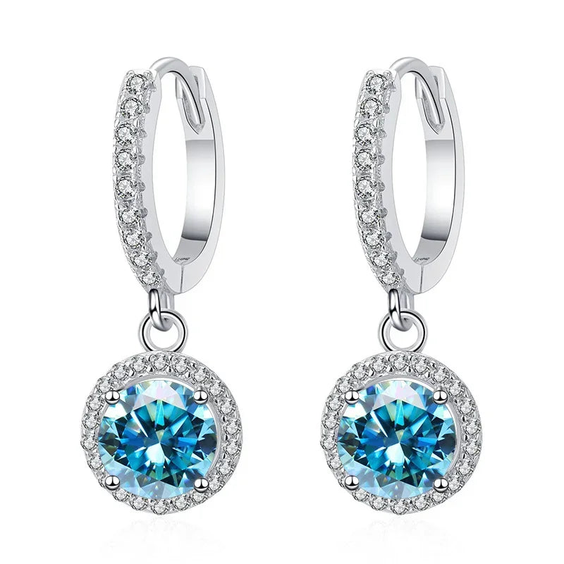 Colored Halo Moissanite Hoop Drop Earrings in Silver — Sea blue
