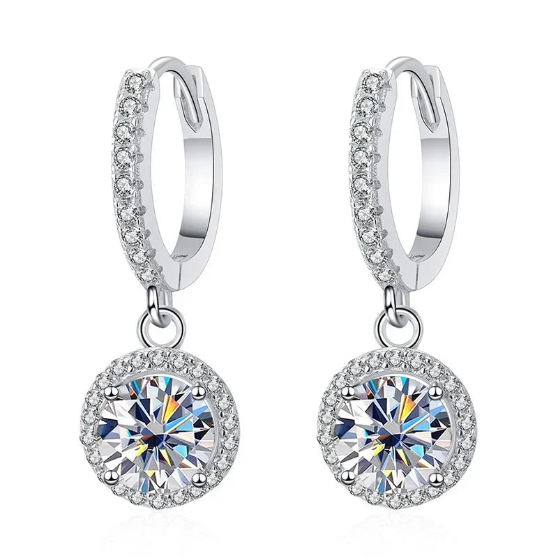 Colored Halo Moissanite Hoop Drop Earrings in Silver — White