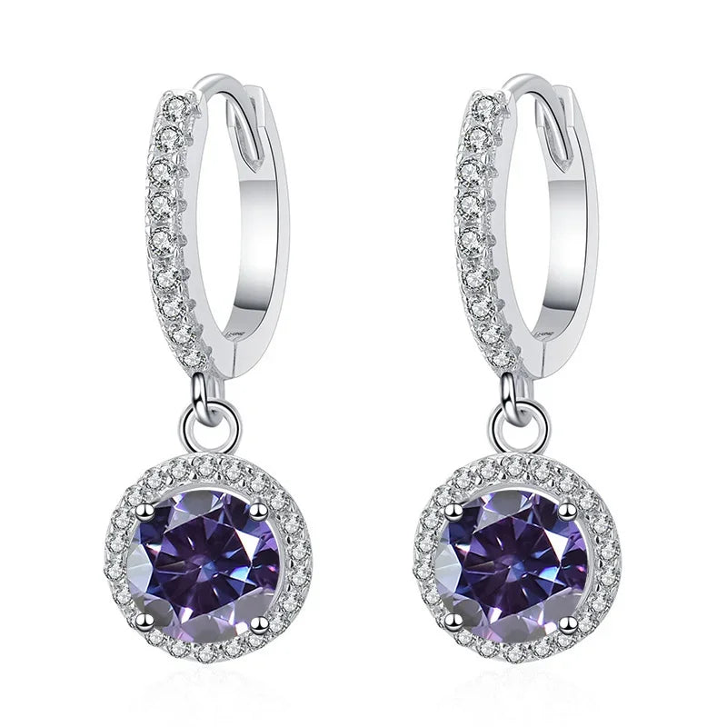 Colored Halo Moissanite Hoop Drop Earrings in Silver — Violet