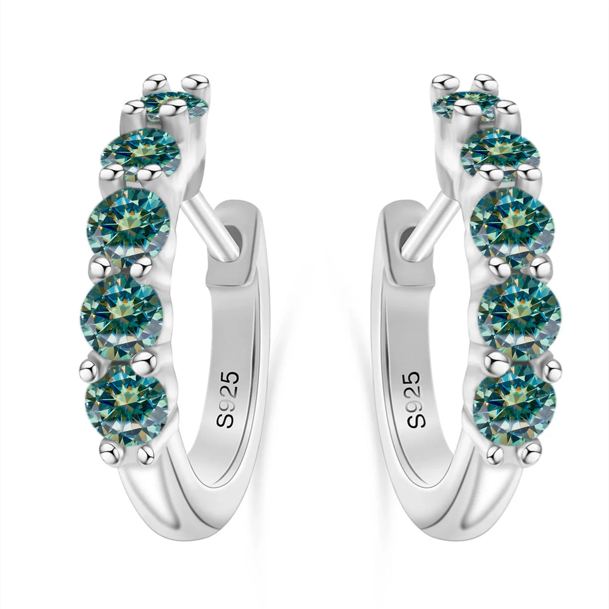 Colorful Five-Stone Moissanite Hoop Earrings in Sterling Silver — Blue-Green