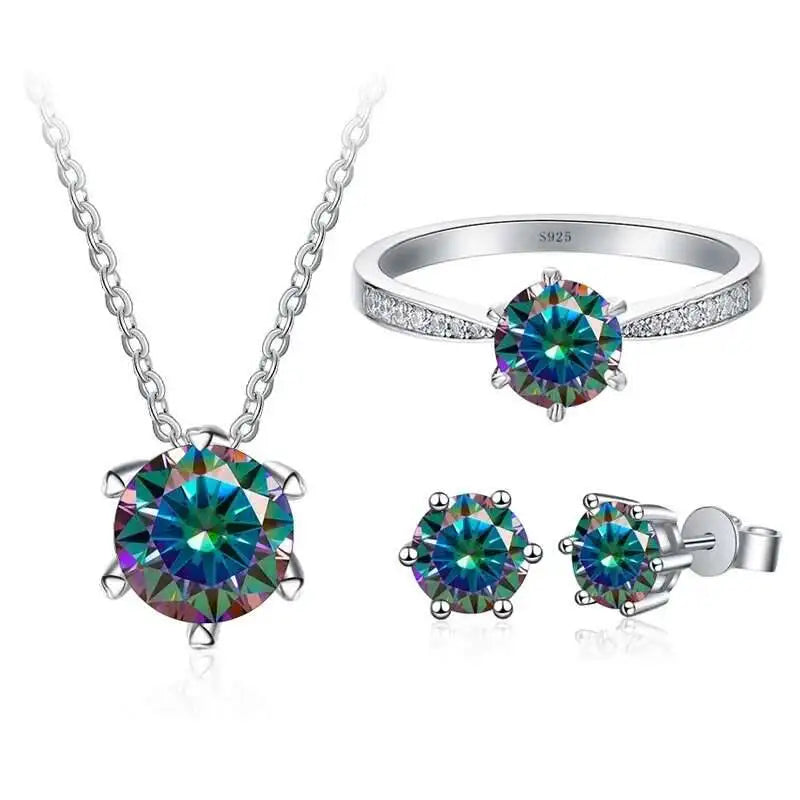 Colorful Moissanite Ring, Stud Earrings & Necklace Set — Rainbow set