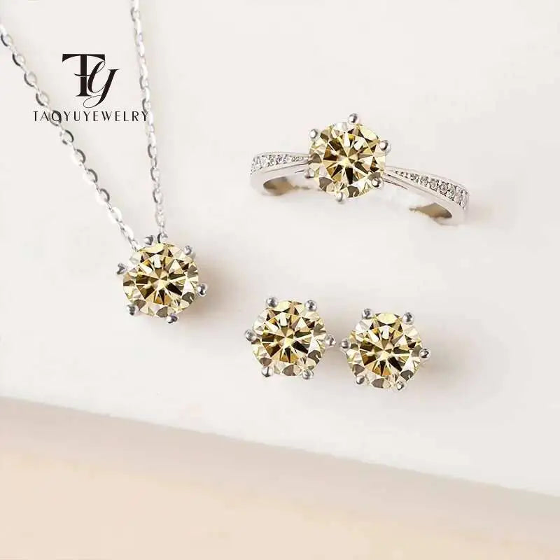 Colorful Moissanite Ring, Stud Earrings & Necklace Set — Light Yellow ring, studs and necklace