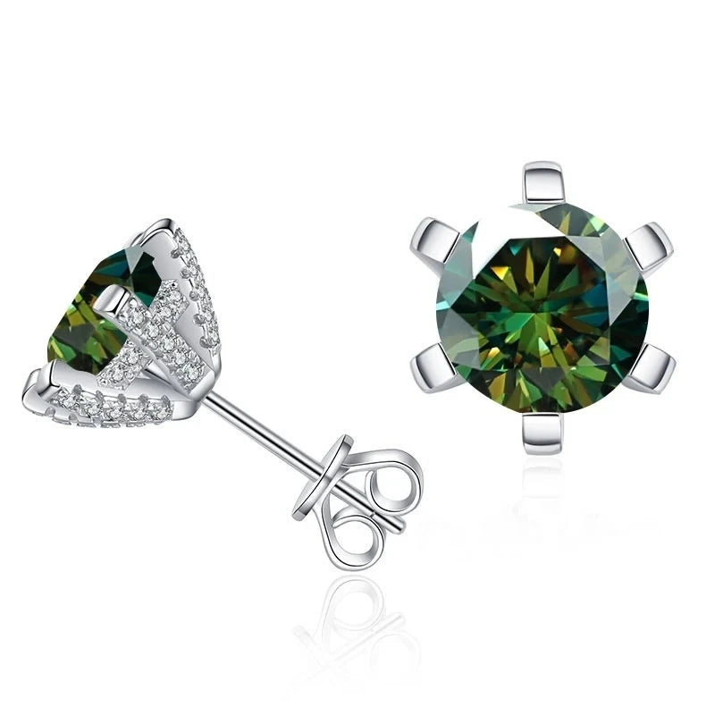 Colored Moissanite Stud Earrings with Sparkling Basket Settings - Dark green stones