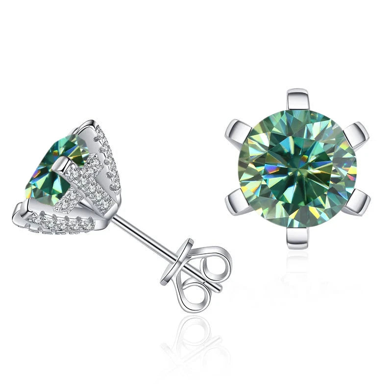 Colored Moissanite Stud Earrings with Sparkling Basket Settings - Blue green stones