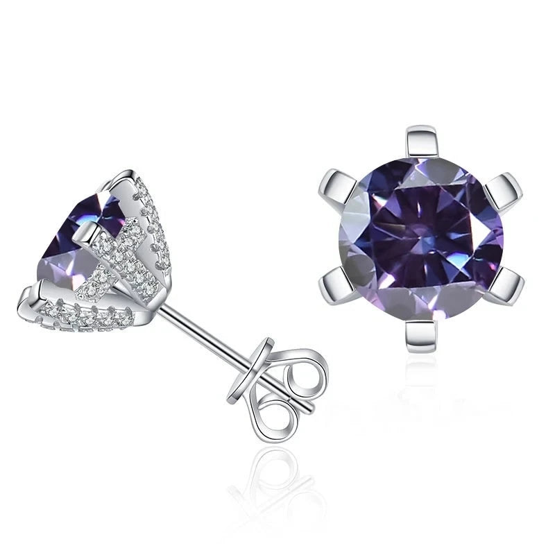 Colored Moissanite Stud Earrings with Sparkling Basket Settings - Violet stones