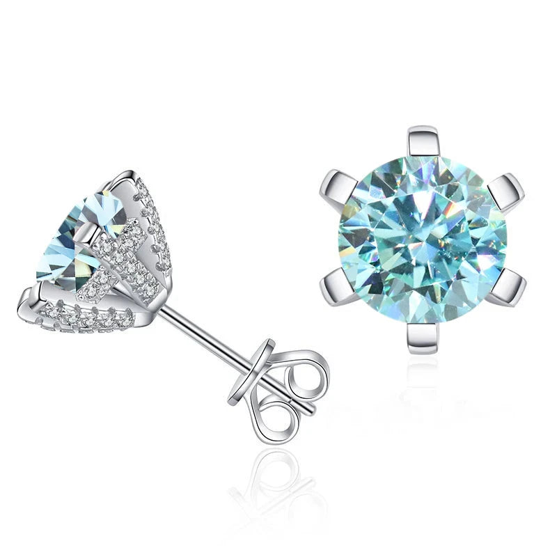Colored Moissanite Stud Earrings with Sparkling Basket Settings - Blue stones with sparkling basket sides