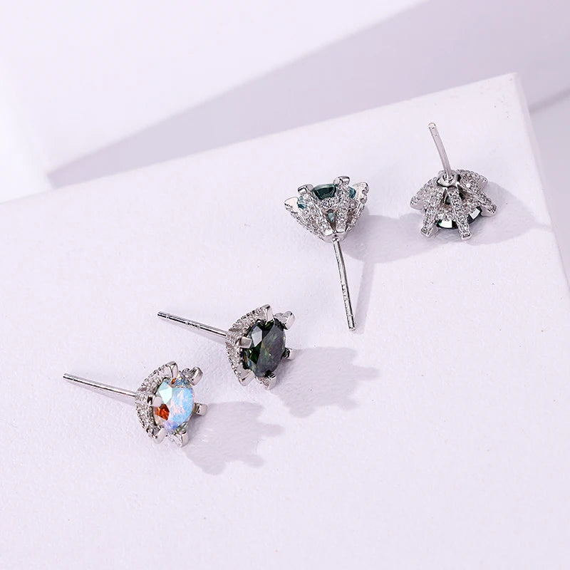 Colored Moissanite Stud Earrings with Sparkling Basket Settings - Colored studs with rear settings