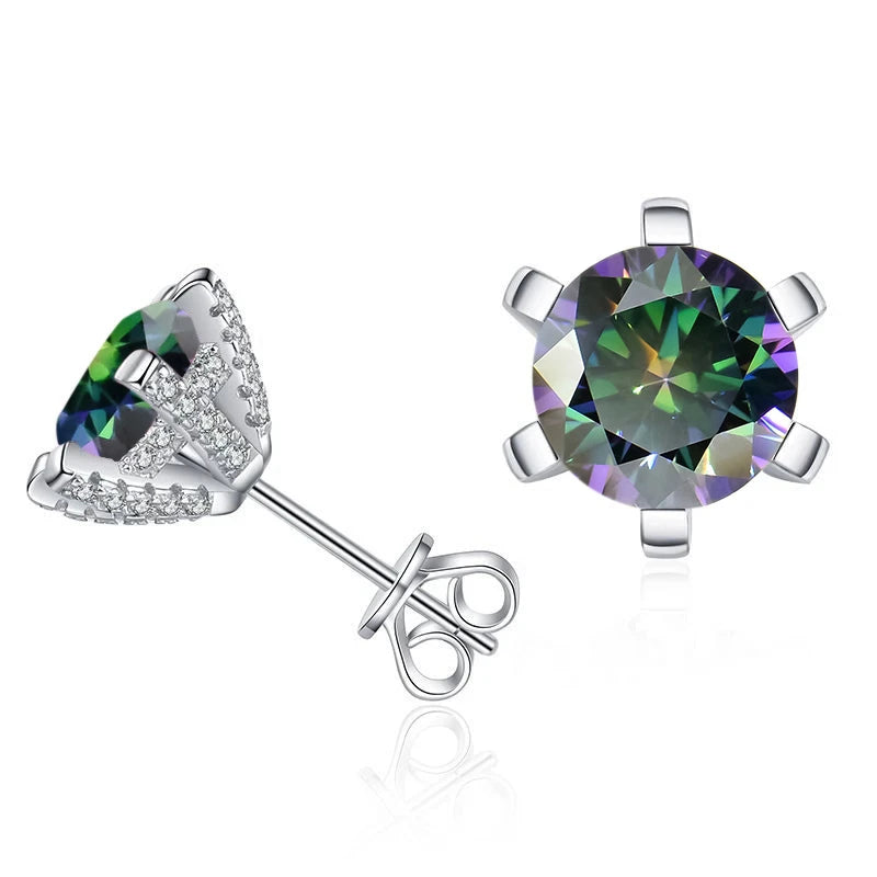 Colored Moissanite Stud Earrings with Sparkling Basket Settings - Rainbow green stones