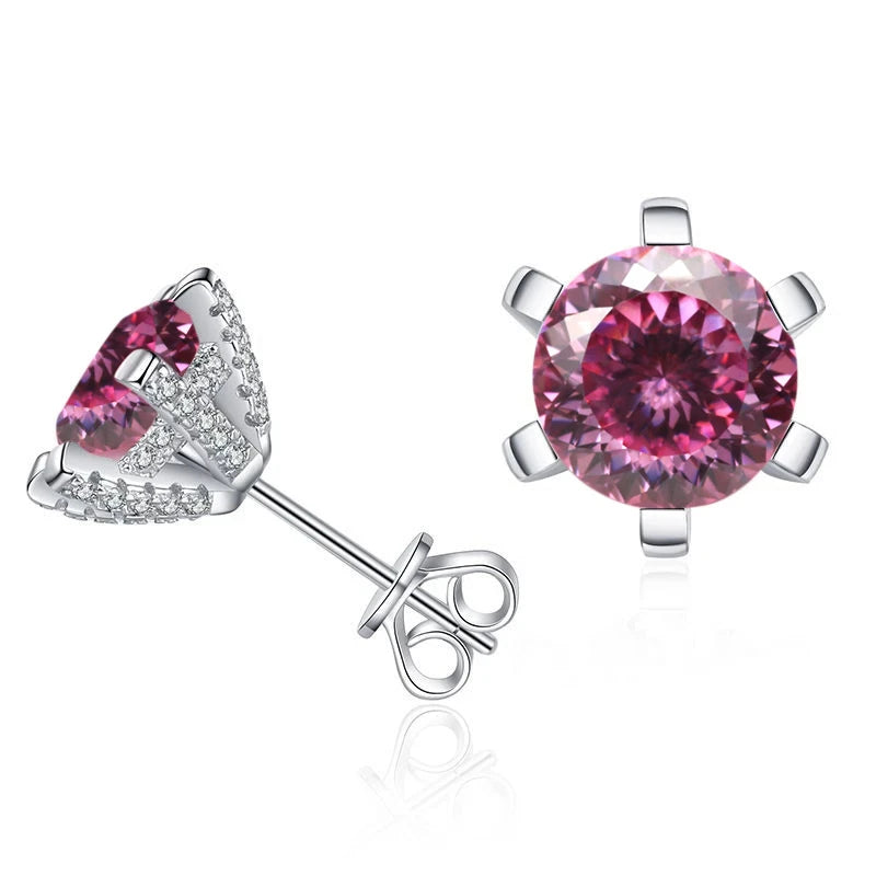 Colored Moissanite Stud Earrings with Sparkling Basket Settings - Pink 100 Series stones