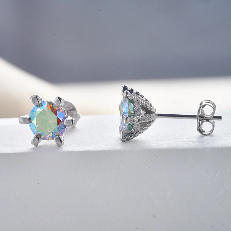 Colored Moissanite Stud Earrings with Sparkling Basket Settings - Multicolor stone and basket side view