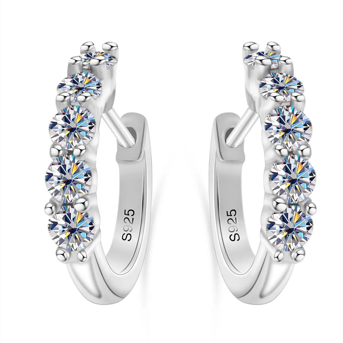 Colorful Five-Stone Moissanite Hoop Earrings in Sterling Silver — White