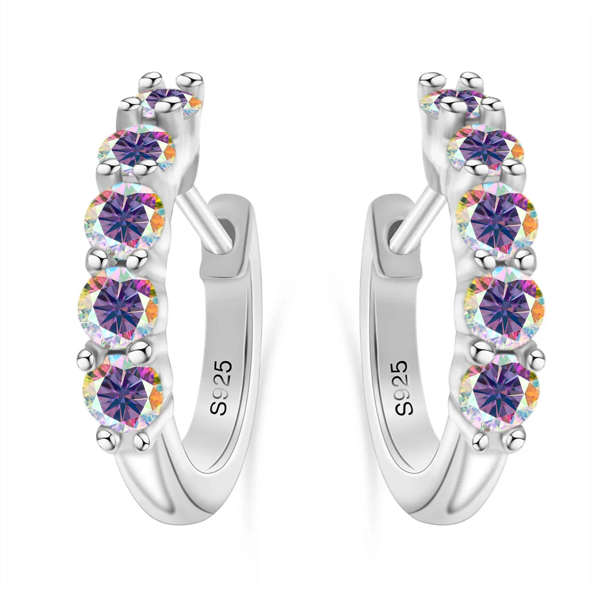 Colorful Five-Stone Moissanite Hoop Earrings in Sterling Silver — Purple Multicolor