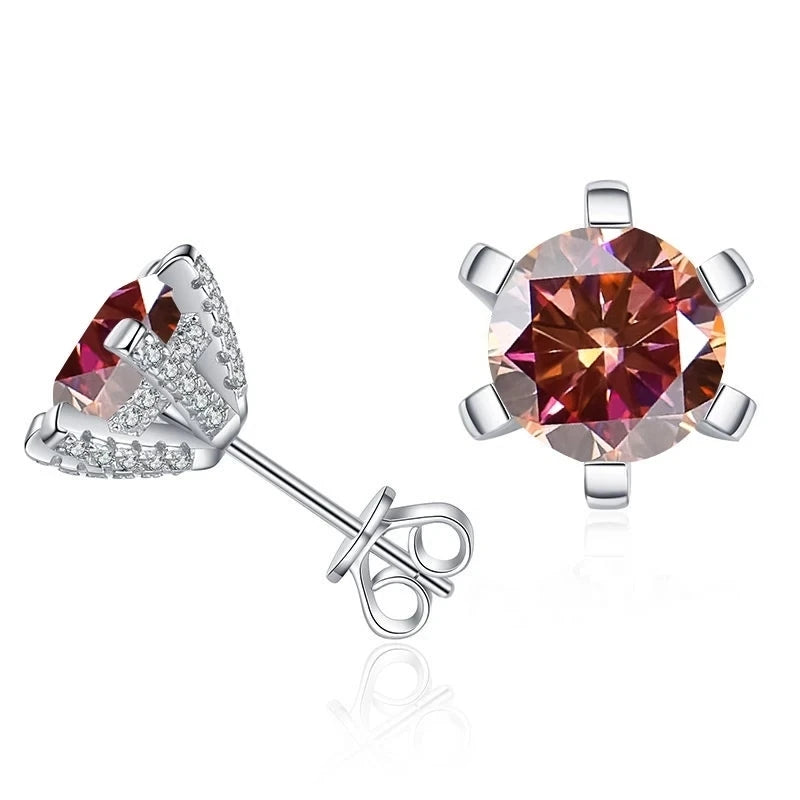 Colored Moissanite Stud Earrings with Sparkling Basket Settings - Orange red stones