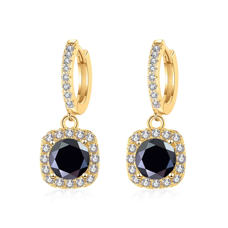 Colored Moissanite Cushion Halo Drop Hoop Earrings - Black centers