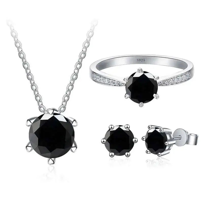 Colorful Moissanite Ring, Stud Earrings & Necklace Set — Black set
